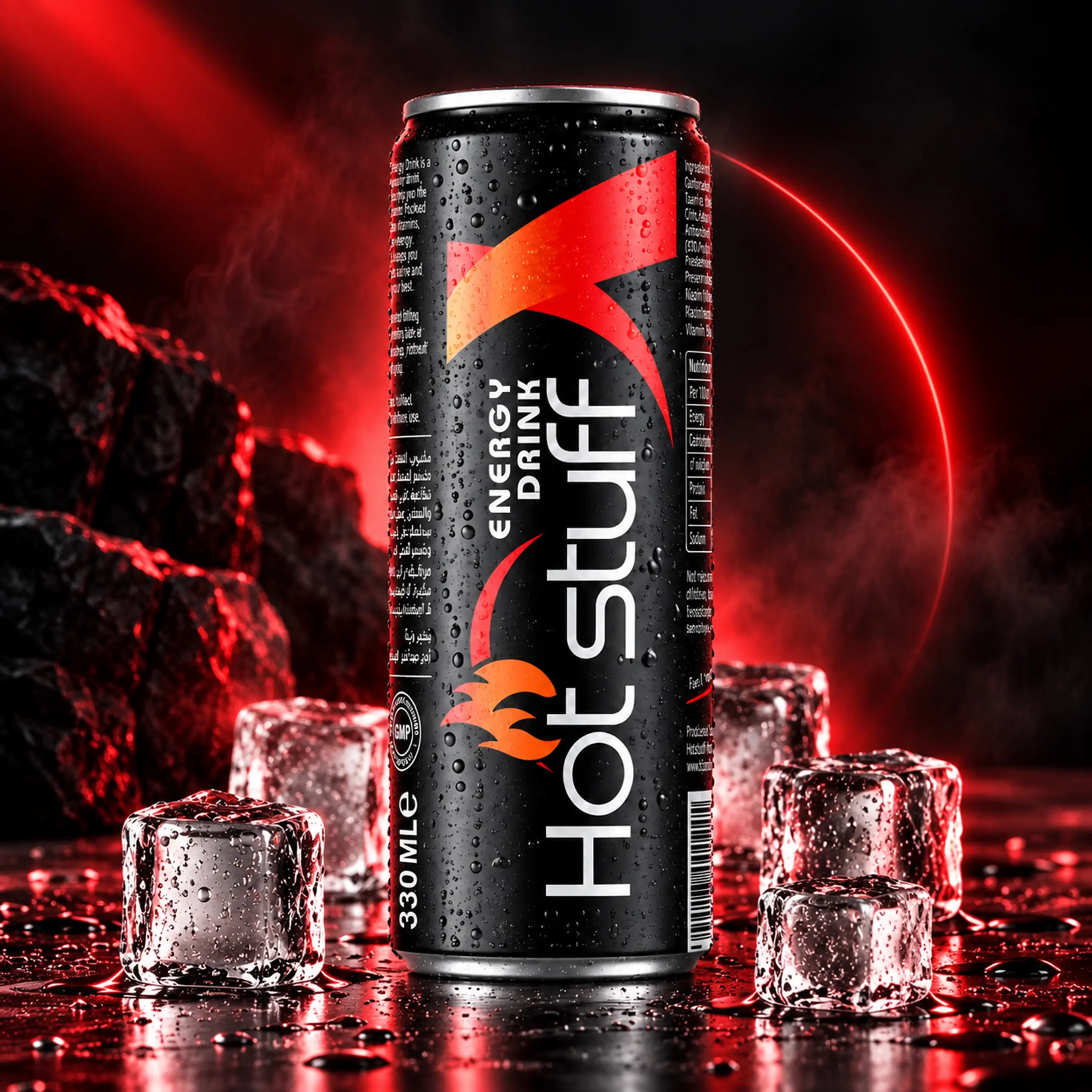 Hot Stuff energy drink can with black and red branding, ice cubes, water droplets and smoky red background.